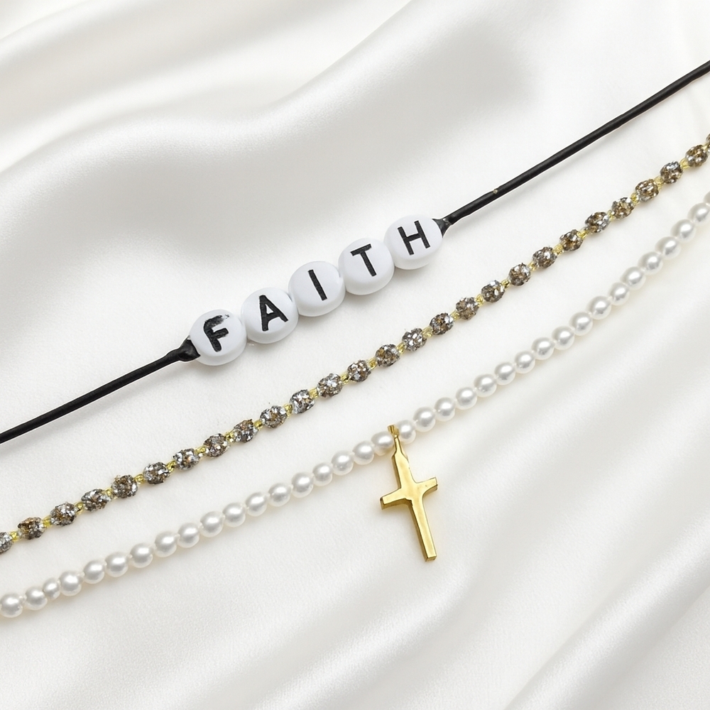 Faith Charm Necklace Set – Gold Cross Pendant w/ Pearl Accents, Crystal Jewelry
